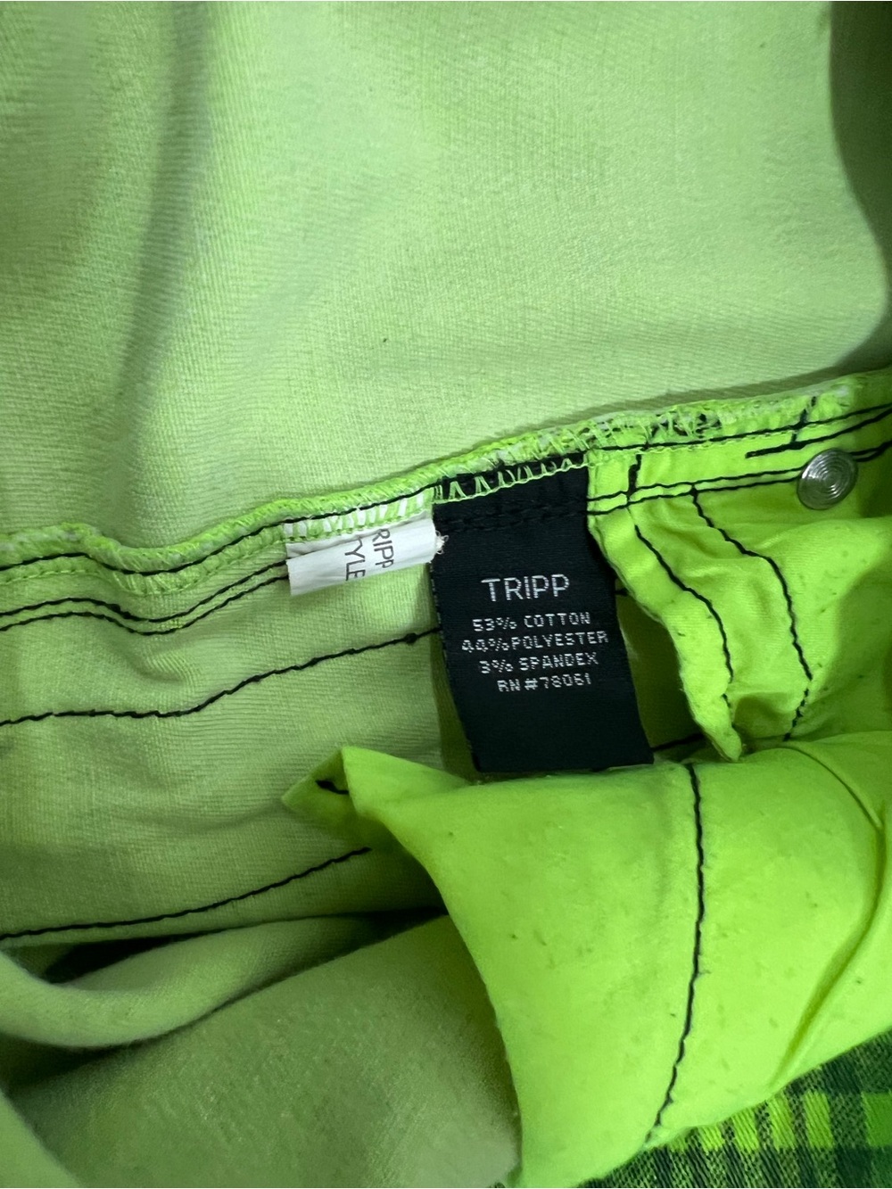 Tripp NYC Neon Lime Plaid Zipper Skinny Jeans .  Size 15 - Picture 5 of 10